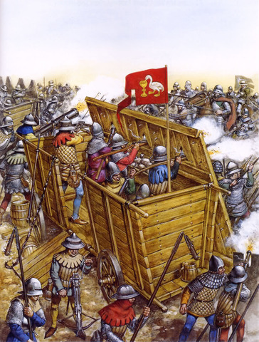 La imagen representa una escena de la guerra Husita y la forma en que posiblemente se usaban los cañones de mano
